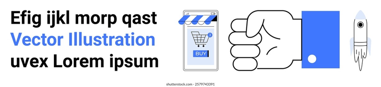 A powerful fist, shopping app, and rocket symbolize business innovation, online shopping, technology, and creativity. Ideal for e-commerce, digital marketing, startups, tech, and branding. Banner