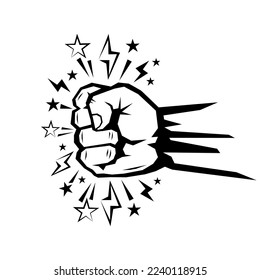 Powerful fist strike with comic lightning and stars. Cartoon protest symbol. Flat design, vector on transparent background