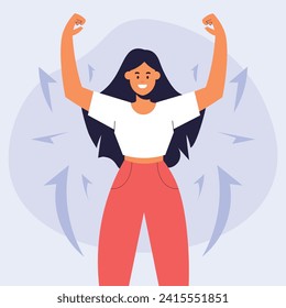 A powerful, fist-raised woman symbolizing victory and empowerment. Confident, strong, feminist, empowered, and joyful. Vector graphic illustration with a decorated background