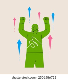 A powerful. Fist-raised woman symbolizing victory. Colorful vector illustration
