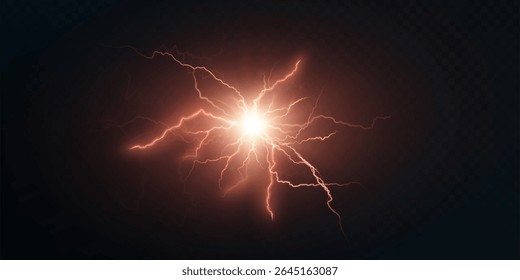 Powerful flash with electric discharges on a dark background. Light explosion with energetic lightning and dynamics of a high-voltage pulse. Vector