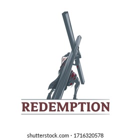 A powerful flat vector illustration of Jesus Christ carrying the wooden cross on the way to Calvary. The design features a silhouette of the figure in a dark grey robe with blood-stained details, accompanied by REDEMPTION typography on a clean white background.