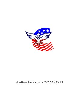 Kraftvoller fliegender Adlerbuchstabe C Logo mit einer fetten Alphabetform kombiniert mit dem Hintergrund der amerikanischen Flagge, symbolisiert Freiheit, Stärke und patriotische Identität im modernen Vektorstil