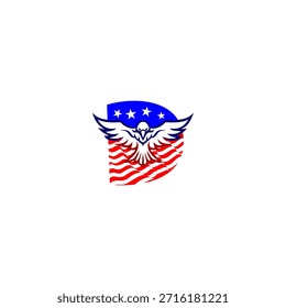 Starker fliegender Adler Buchstabe D-Logo mit einem fetten Alphabet Form kombiniert mit der amerikanischen Flagge Hintergrund, symbolisiert Freiheit, Stärke und patriotische Identität im modernen Vektorstil