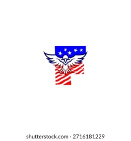 Starker fliegender Adler Buchstabe F Logo mit einem fetten Alphabet Form kombiniert mit der amerikanischen Flagge Hintergrund, symbolisiert Freiheit, Stärke und patriotische Identität im modernen Vektorstil