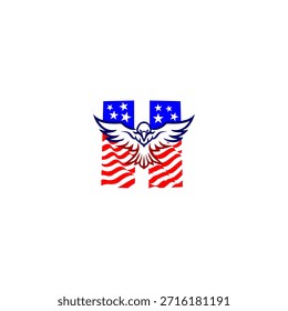 Poderoso logotipo de la letra H del águila voladora con una forma de alfabeto audaz combinada con el fondo de la bandera estadounidense, que simboliza la libertad, la fortaleza y la identidad patriótica en el estilo de Vector moderno