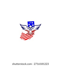 Poderoso logotipo de la letra J del águila voladora con una audaz forma de alfabeto combinada con el fondo de la bandera estadounidense, que simboliza la libertad, la fortaleza y la identidad patriótica en el estilo de Vector moderno