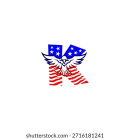 Kraftvoller fliegender Adlerbuchstabe K-Logo mit einer fetten Alphabetform kombiniert mit dem amerikanischen Flaggenhintergrund, der Freiheit, Stärke und patriotische Identität im modernen Vektorstil symbolisiert