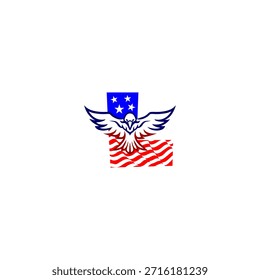 Mächtiges fliegendes Adlerbuchstabe L-Logo mit einem fetten Alphabet in Kombination mit dem amerikanischen Flaggenhintergrund, das Freiheit, Stärke und patriotische Identität im modernen Vektorstil symbolisiert