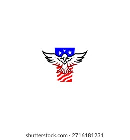 Poderoso logotipo de la letra i del águila voladora con una audaz forma de alfabeto combinada con el fondo de la bandera estadounidense, que simboliza la libertad, la fortaleza y la identidad patriótica en el estilo de Vector moderno