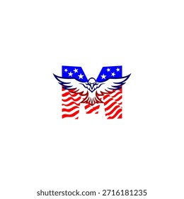 Mächtiger fliegender Adler Buchstabe M Logo mit einem fetten Alphabet Form kombiniert mit der amerikanischen Flagge Hintergrund, symbolisiert Freiheit, Stärke und patriotische Identität im modernen Vektorstil