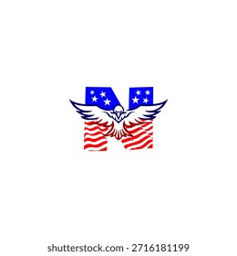 Powerful flying eagle letter N logo featuring a bold alphabet shape combined with the American flag background, symbolizing freedom, strength, and patriotic identity in modern vector style