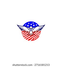 Starker fliegender Adlerbuchstabe O Logo mit einem fetten Alphabet in Kombination mit dem amerikanischen Flaggenhintergrund, der Freiheit, Stärke und patriotische Identität im modernen Vektorstil symbolisiert
