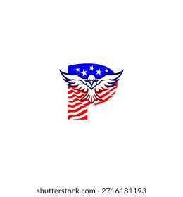 Starker fliegender Adler Buchstabe P Logo mit einem fetten Alphabet Form kombiniert mit der amerikanischen Flagge Hintergrund, symbolisiert Freiheit, Stärke und patriotische Identität im modernen Vektorstil