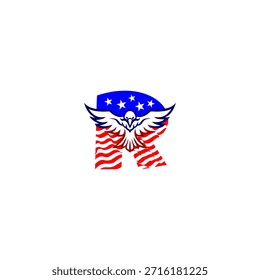 Starker fliegender Adlerbuchstabe R Logo mit einer fetten Alphabetform kombiniert mit dem Hintergrund der amerikanischen Flagge, symbolisiert Freiheit, Stärke und patriotische Identität im modernen Vektorstil