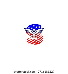 Starker fliegender Adler Buchstabe S-Logo mit einem fetten Alphabet Form kombiniert mit der amerikanischen Flagge Hintergrund, symbolisiert Freiheit, Stärke und patriotische Identität im modernen Vektorstil