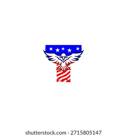 Poderoso logotipo de la letra T del águila voladora con una audaz forma de alfabeto combinada con el fondo de la bandera estadounidense, que simboliza la libertad, la fortaleza y la identidad patriótica en el estilo de Vector moderno