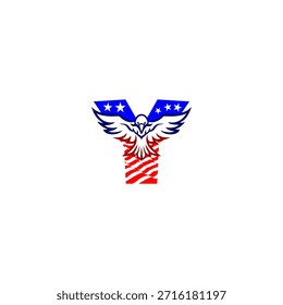 Poderoso logotipo de la letra Y del águila voladora con una audaz forma de alfabeto combinada con el fondo de la bandera estadounidense, que simboliza la libertad, la fortaleza y la identidad patriótica en el estilo de Vector moderno