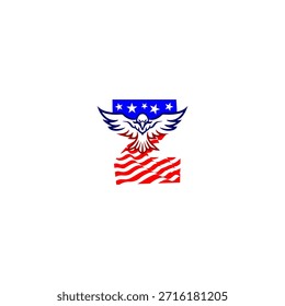 Powerful flying eagle letter Z logo featuring a bold alphabet shape combined with the American flag background, symbolizing freedom, strength, and patriotic identity in modern vector style