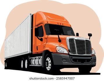 A powerful freight truck with an orange cab and a large container is ready for long-haul transportation. This heavy-duty vehicle symbolizes reliability and efficiency in logistics, cargo transport, an