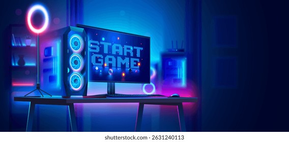 Poderoso computador de jogos na mesa com a inscrição o jogo de início no monitor. Computador de jogos em uma sala escura vazia à luz de néon. Ninguém no computador. Desktop PC para videogames.