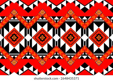 A powerful geometric pattern in red, black, and white, inspired by ethnic tribal symmetry. This high-contrast design is full of energy and personality, making it ideal for fashion wear, lifestyle prod