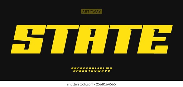 Powerful geometric typography, bold angular letters, modern futuristic sporty font style, thick graphic letters, strong square design, edgy headline for sportswear branding. Vector alphabet.