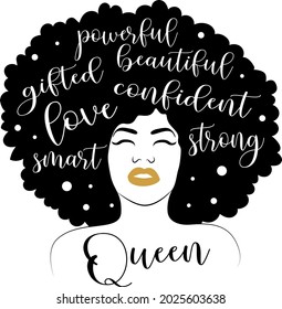 Powerful gifted beautiful queen lettering. Afro woman illustration vector svg
