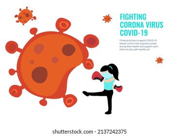A powerful girl wear medical mask kick Corona virus ball vector