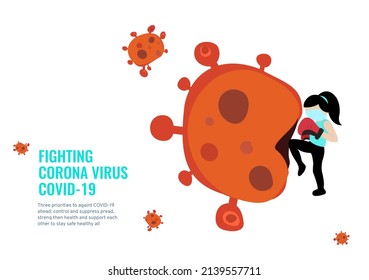 A powerful girl wear medical mask jump kick and knee hit Corona virus ball vector