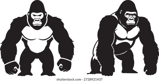 Powerful Gorilla Silhouettes Vector Illustration Set: African Jungle Primate Wildlife Animal Icons for Branding