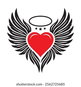 A powerful graphic design featuring a stylized red heart with large, intricate black wings and a halo.