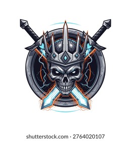 A powerful graphic illustration featuring a skull wearing a detailed crown, with two crossed swords and electric lightning effects, set against a circular emblem.