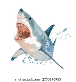 Powerful great white shark vector illustration, mouth open, leaping from water with splashes. Ideal for marine life designs, danger themes, or ocean adventure graphics.