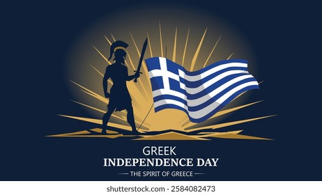 A powerful Greek Independence Day banner depicting a warrior proudly holding the Greek flag against a rising sun, symbolizing the spirit, strength, and pride of Greece.