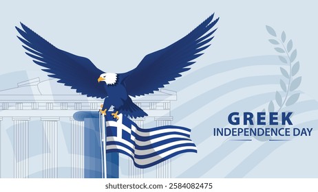 A powerful Greek Independence Day banner featuring a soaring eagle above the Greek flag, symbolizing freedom, pride, and the strength of the Greek nation.