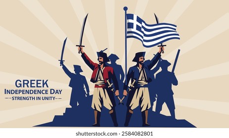 A powerful Greek Independence Day banner featuring fighters holding swords and the Greek flag, symbolizing the courage, struggle, and pride in the fight for freedom and independence.