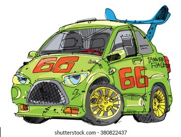 A powerful green racing car covered with stickers. A sport cars competition. Cartoon. Caricature.