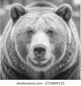 Potente cabeza de oso pardo mirando hacia adelante, creada con una textura de semitono resistente. Esta feroz ilustración de la vida silvestre captura el espíritu salvaje indómito con una intensidad audaz. Adecuado para logotipos de equipos de camping al aire libre, volantes de conservación de la naturaleza y marca masculina. Perfecto para proyectos de aventura y naturaleza. Vector de alta calidad para un escalado fácil y un impacto visual audaz.