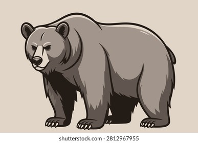 Powerful grizzly bear stands in a strong and majestic pose, illustrated in a classic vector style against a tan background.