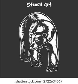 A powerful grizzly bear walking forward, rendered in a high-contrast white stencil or woodcut art style. This vector illustration features bold lines and intricate fur detailing, perfect for t-shirt designs, wilderness logos, hunting club emblems, or rustic-themed outdoor branding. Set against a dark gray background for maximum impact.