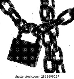 A powerful halftone illustration of chains and a padlock, symbolizing security, restriction, or strength.