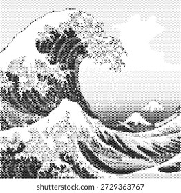 Eine starke Halbtondarstellung einer gewaltigen Meereswelle, die eine perfekte Röhre bildet. Dieses dynamische Design erfasst den Gipfel der Surf-Action. Perfekt für extreme Surf-Wettkampfplakate, Verpackung von Wassersportgeräten, Energy-Drink-Anzeigen und Beach-Lifestyle-Branding. Die Punktmuster-Schattierung vermittelt die Masse und Bewegung des Wassers. Skalierbare Vektorgrafik für wirkungsvolle Bilder.