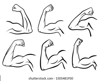 Powerful hand muscle. Strong arm muscles, hard biceps and hands strength outline. Muscular logo, healthy bodybuilding bicep badge or gym logotype. Isolated vector illustration signs set