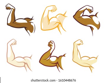 Powerful hand muscles flat vector illustrations set. Realistic male arms pack. Strength, muscular power, bodybuilding, biceps demonstration. Cartoon human body parts isolated on white background