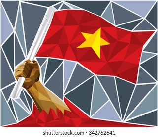 Powerful Hand Raising The Flag Of Vietnam