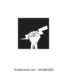 powerful hand thunder inside square logo vector