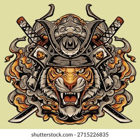 Poderoso guerrero samurái de cabeza de tigre dibujado a mano, este diseño fue diseñado por mí sin usar IA. Ilustración vintage atrevida y detallada para una marca única.
