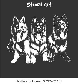 Una poderosa y conmovedora Ilustración vectorial en blanco y negro con tres perros pastores alemanes en un audaz estilo artístico de plantilla. Con la lengua afuera y expresiones amigables, este gráfico de alto contraste captura la naturaleza leal y protectora de la raza K9. Perfecto para logotipos de entrenamiento de perros, marca de perrera, gráficos de tiendas de mascotas y ropa personalizada para amantes de los perros. El diseño limpio del espacio negativo se optimiza para el corte del vinilo y la impresión de la pantalla
