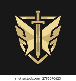 Powerful heraldic emblem featuring a central sword in front of a shield with stylized wings, rendered in gold for gaming, security, or heroic branding.
